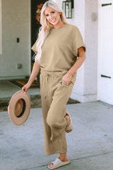 Double Take Full Size Texture Short Sleeve Top and Pants Set Camel OutfitFlow